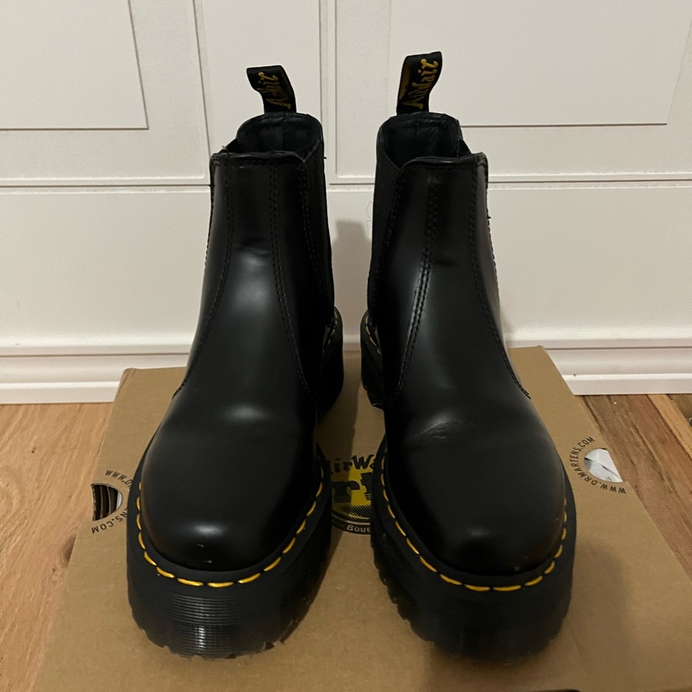 Dr. Martens Black Leather Platform Chelsea Boots with Yellow Stitching